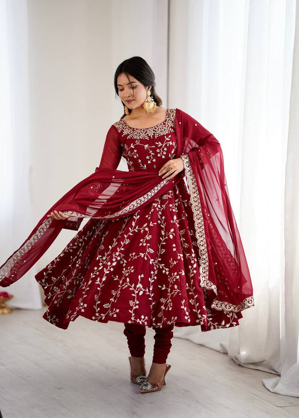 Prazu Fashion Maroon Georgette Embroidered Designer Anarkali Gown