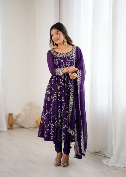 Prazu Fashion Violet Georgette Embroidered Designer Anarkali Gown