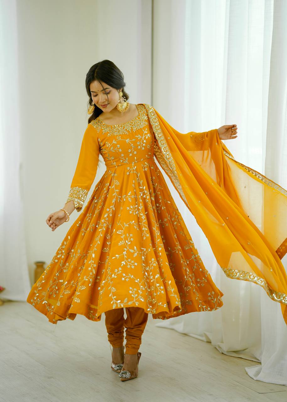 Prazu Fashion Yellow Georgette Embroidered Designer Anarkali Gown
