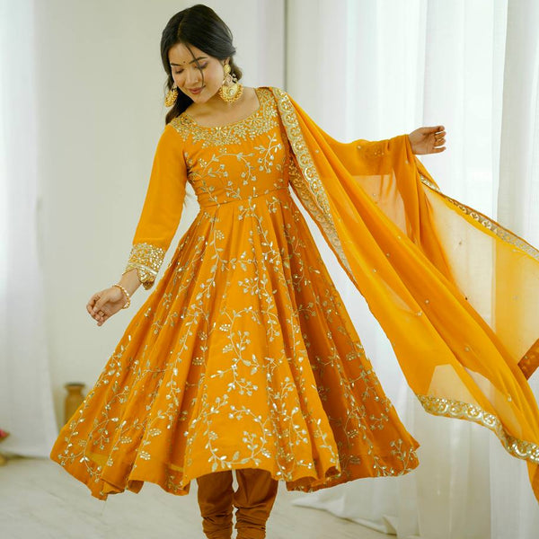 Prazu Fashion Yellow Georgette Embroidered Designer Anarkali Gown