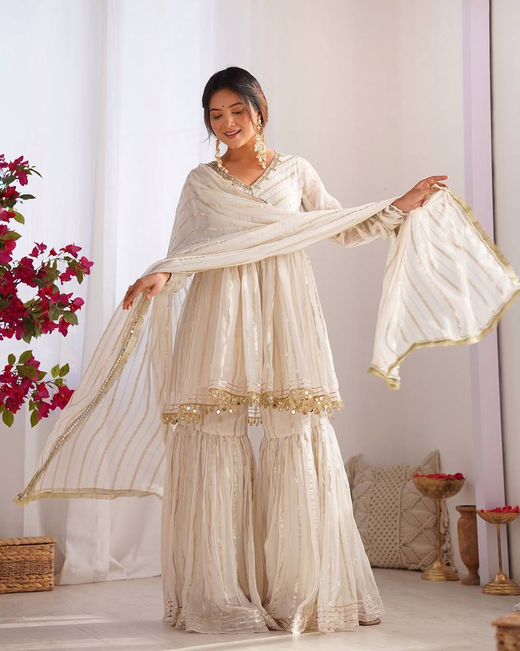 Prazu Fashion Off White Mal Chanderi Silk Mirror Work Designer Sharara Suit - Distacart