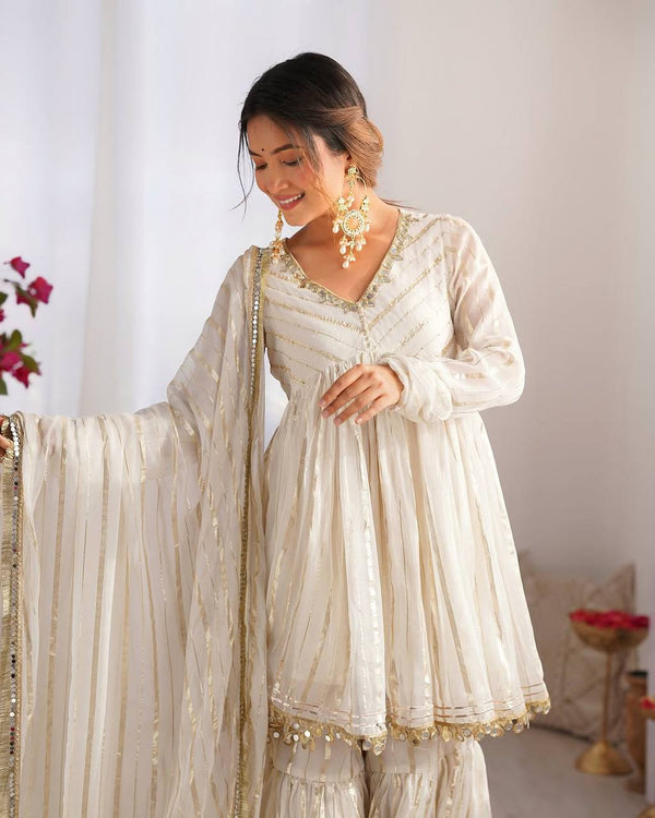 Prazu Fashion Off White Mal Chanderi Silk Mirror Work Designer Sharara Suit