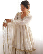 Thumbnail for Prazu Fashion Off White Mal Chanderi Silk Mirror Work Designer Sharara Suit