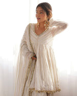 Thumbnail for Prazu Fashion Off White Mal Chanderi Silk Mirror Work Designer Sharara Suit