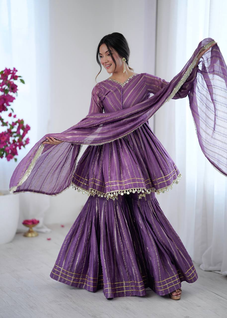 Prazu Fashion Lavender Mal Chanderi Real Mirror With Hand Work Sharara Suit