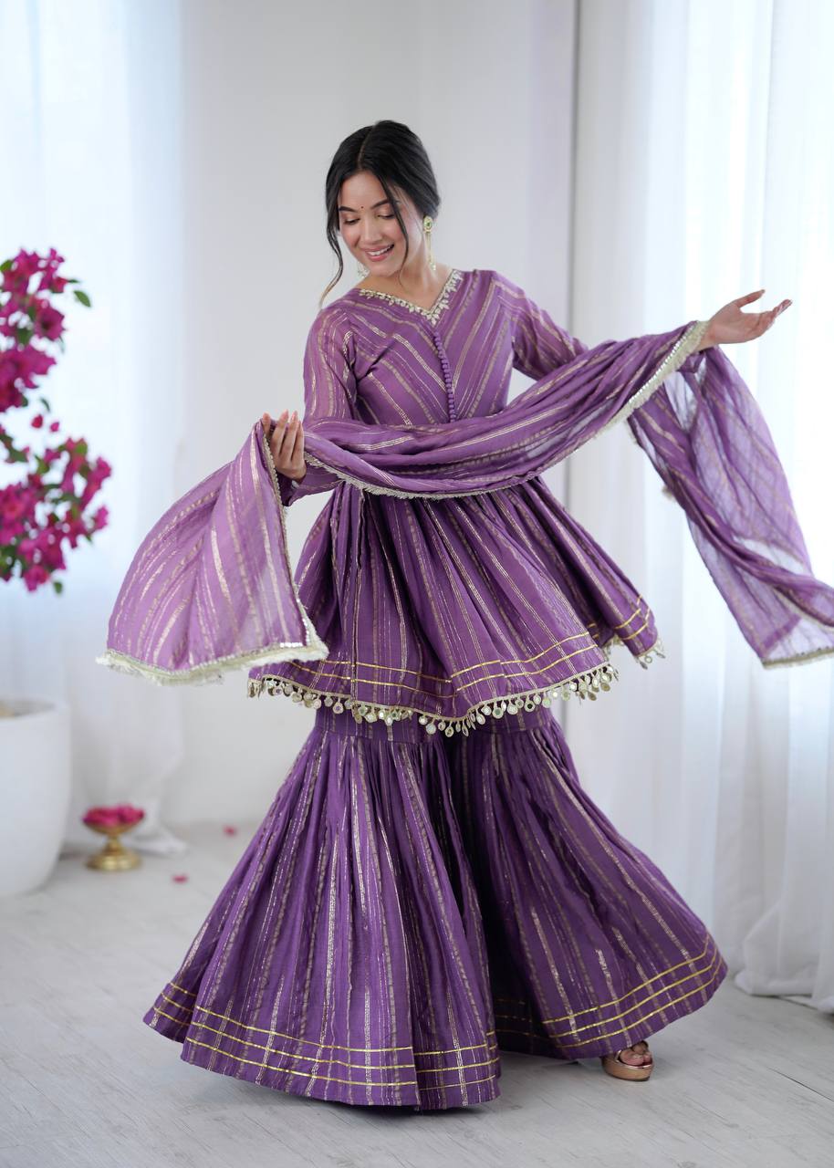 Prazu Fashion Lavender Mal Chanderi Real Mirror With Hand Work Sharara Suit