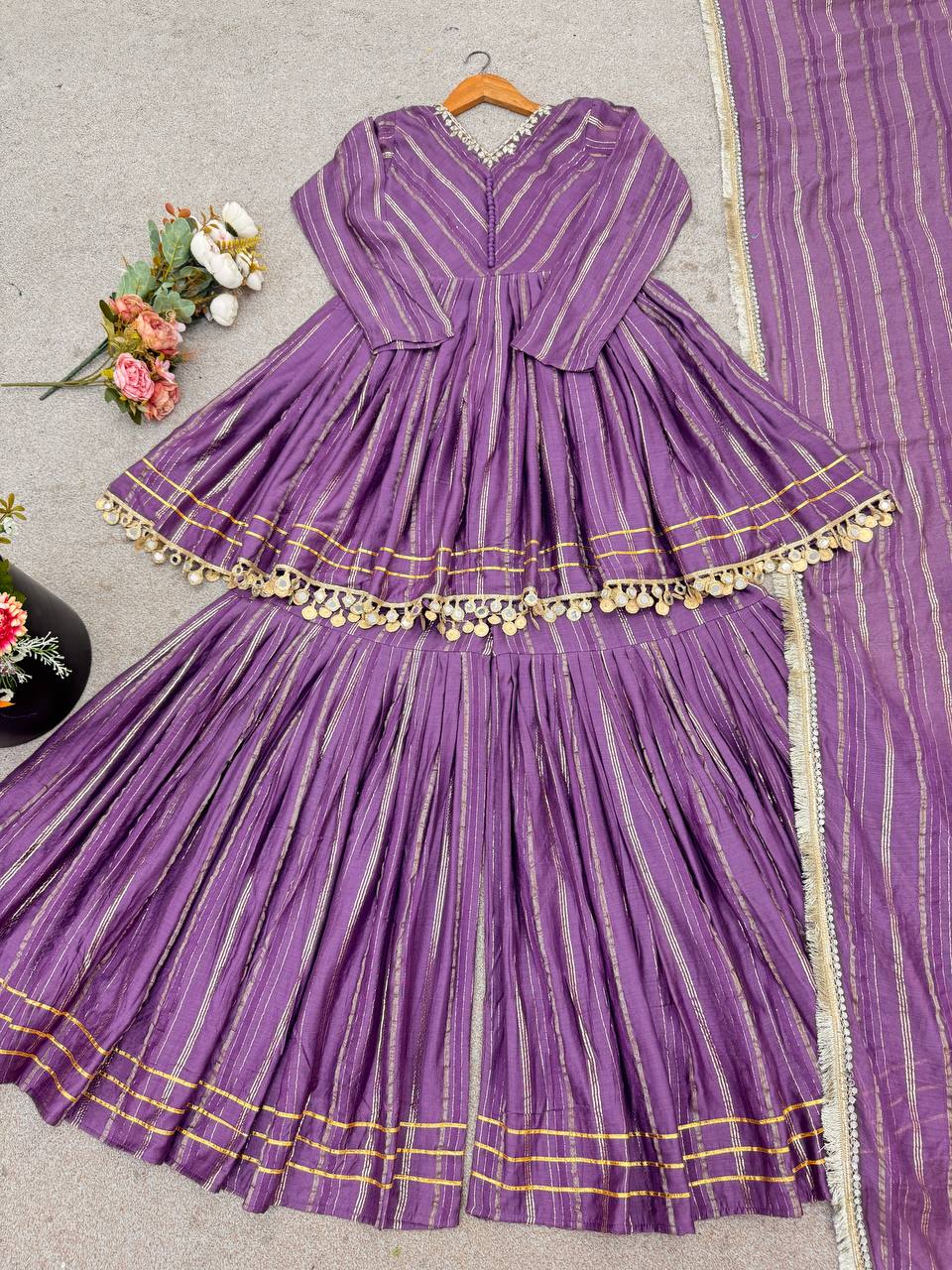 Prazu Fashion Lavender Mal Chanderi Real Mirror With Hand Work Sharara Suit