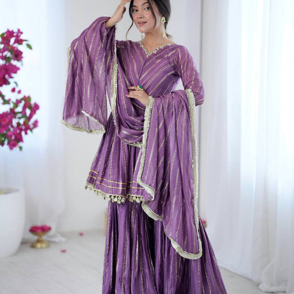 Prazu Fashion Lavender Mal Chanderi Real Mirror With Hand Work Sharara Suit