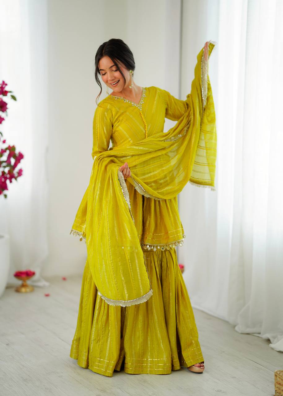 Prazu Fashion Lemon Yellow Mal Chanderi Real Mirror With Hand Work Sharara Suit