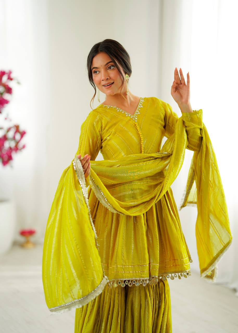 Prazu Fashion Lemon Yellow Mal Chanderi Real Mirror With Hand Work Sharara Suit