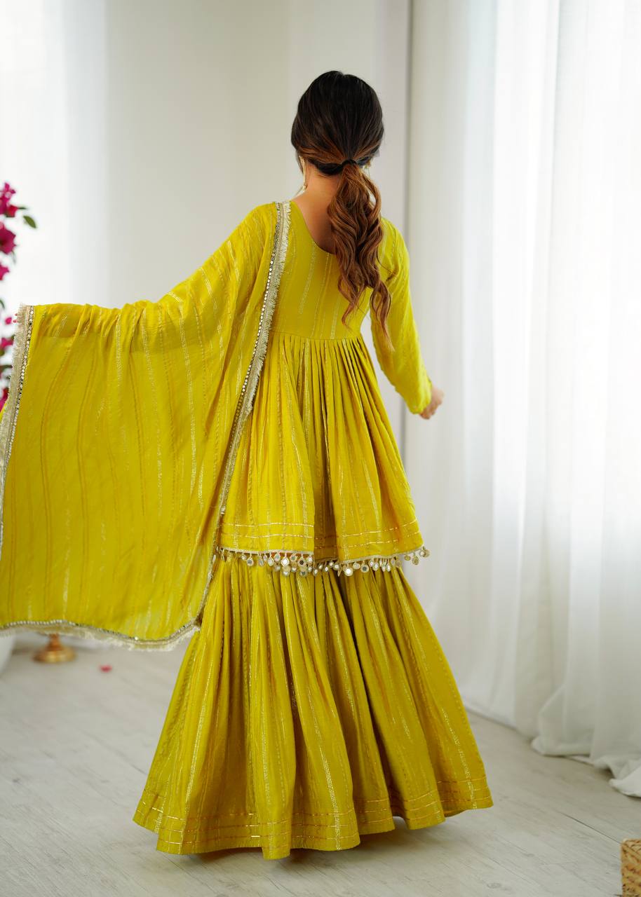 Prazu Fashion Lemon Yellow Mal Chanderi Real Mirror With Hand Work Sharara Suit