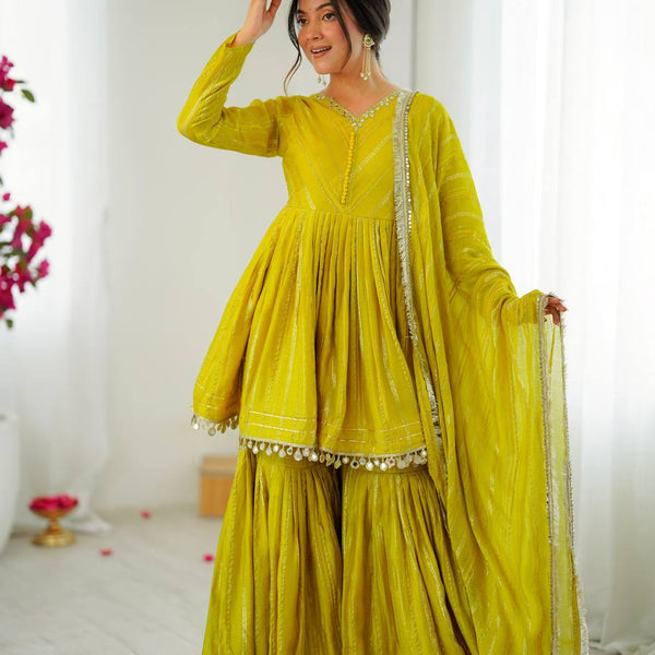 Prazu Fashion Lemon Yellow Mal Chanderi Real Mirror With Hand Work Sharara Suit
