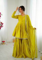 Thumbnail for Prazu Fashion Lemon Yellow Mal Chanderi Real Mirror With Hand Work Sharara Suit