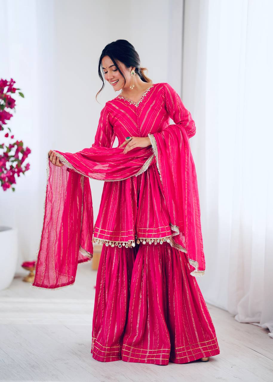 Prazu Fashion Pink Mal Chanderi Real Mirror With Hand Work Sharara Suit - Distacart