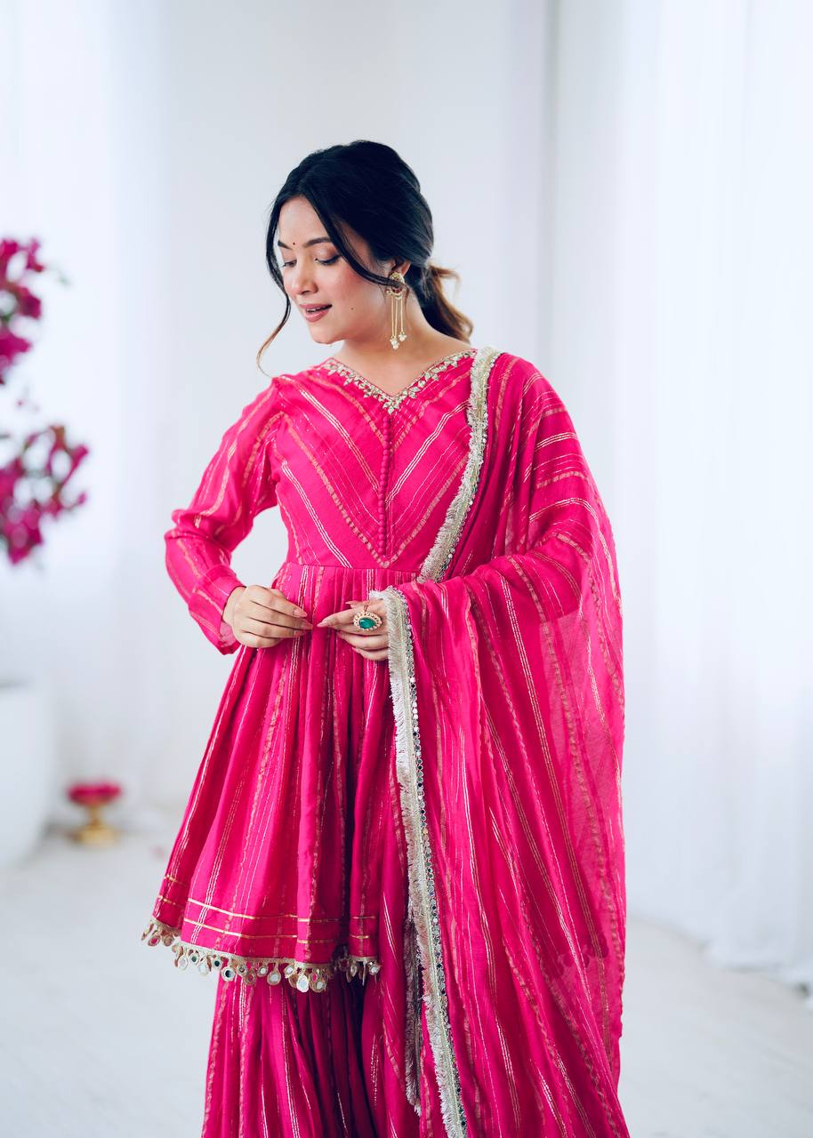 Prazu Fashion Pink Mal Chanderi Real Mirror With Hand Work Sharara Suit