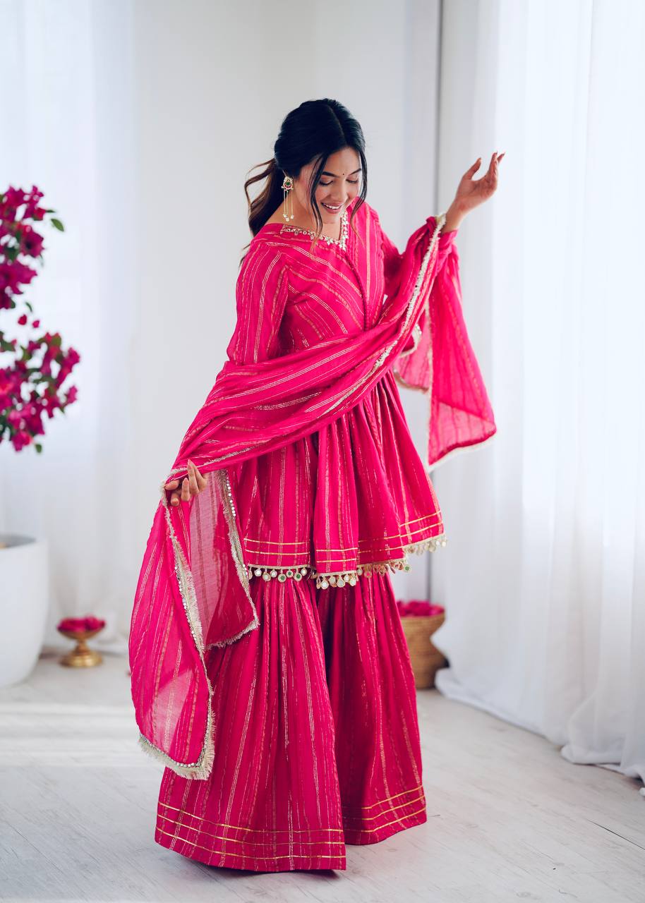 Prazu Fashion Pink Mal Chanderi Real Mirror With Hand Work Sharara Suit