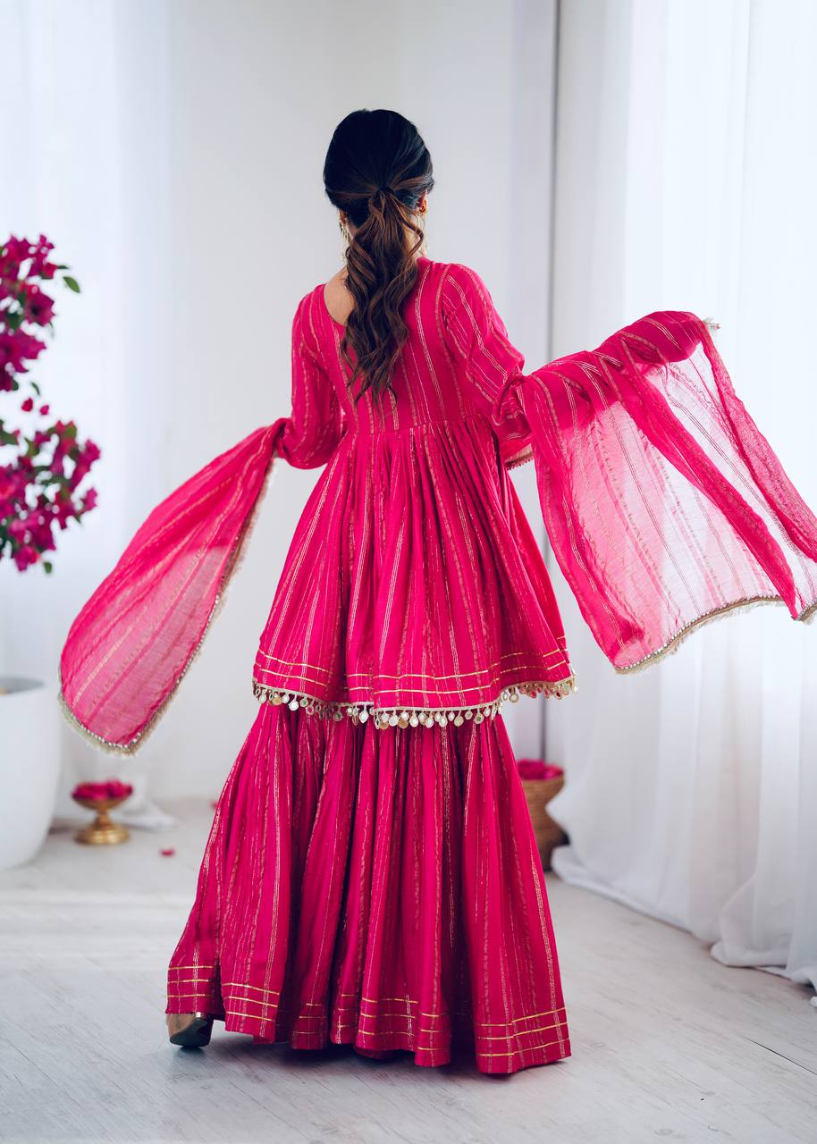Prazu Fashion Pink Mal Chanderi Real Mirror With Hand Work Sharara Suit