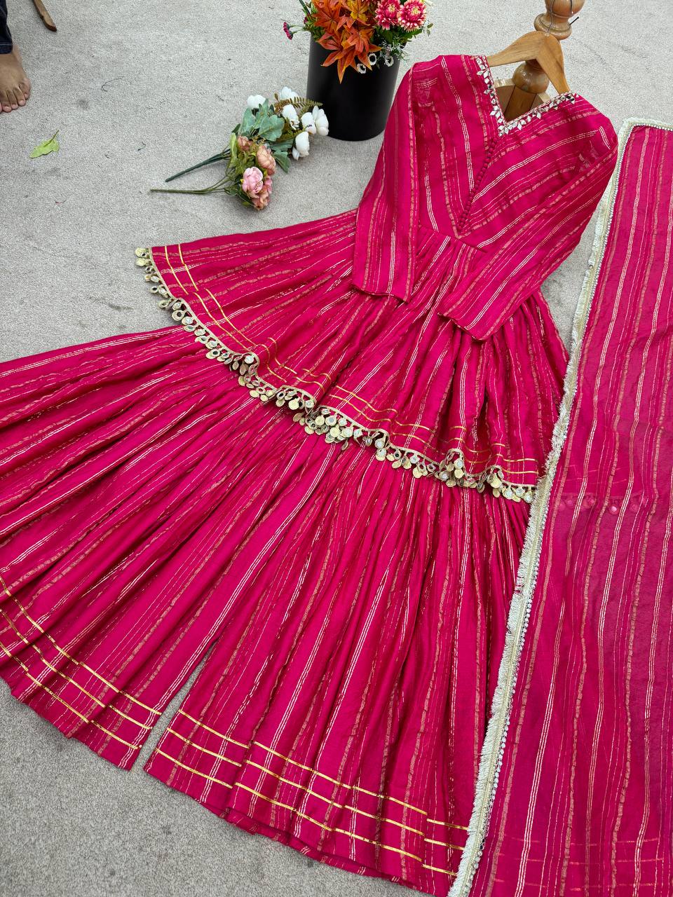 Prazu Fashion Pink Mal Chanderi Real Mirror With Hand Work Sharara Suit