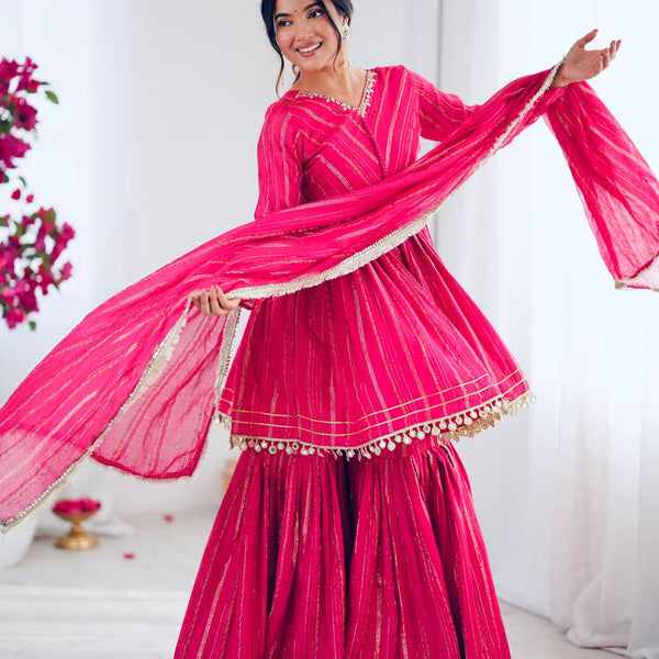 Prazu Fashion Pink Mal Chanderi Real Mirror With Hand Work Sharara Suit
