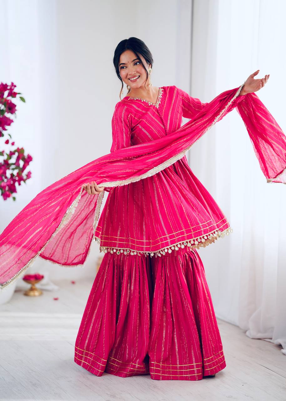 Prazu Fashion Pink Mal Chanderi Real Mirror With Hand Work Sharara Suit