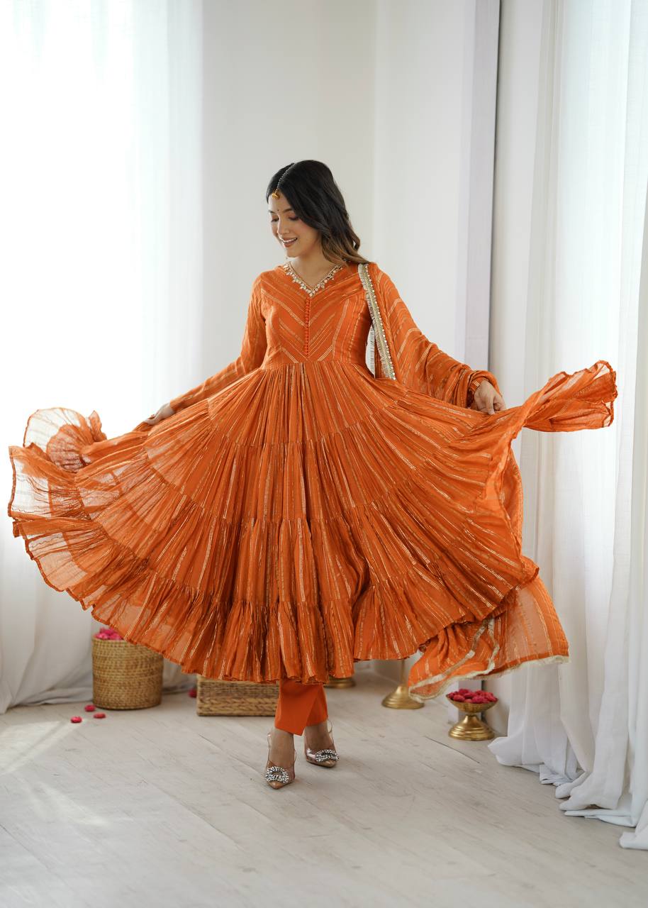Prazu Fashion Orange Mal Chanderi Silk Real Mirror With Hand Work Anarkali Suit