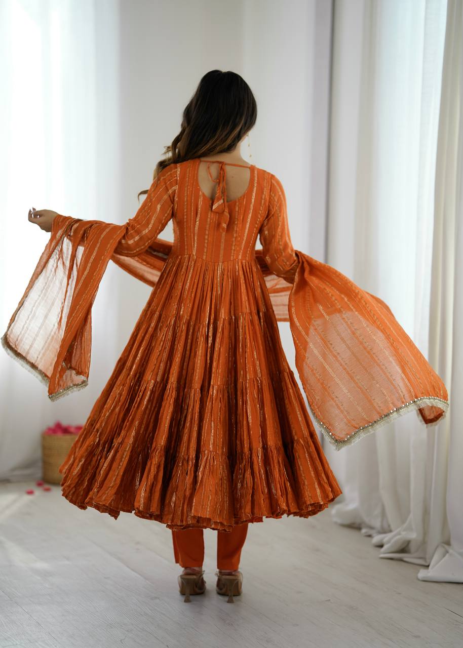 Prazu Fashion Orange Mal Chanderi Silk Real Mirror With Hand Work Anarkali Suit