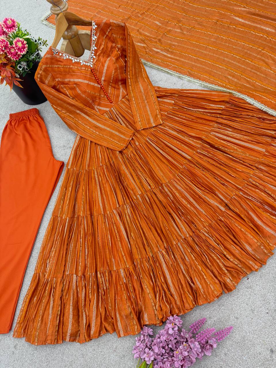 Prazu Fashion Orange Mal Chanderi Silk Real Mirror With Hand Work Anarkali Suit