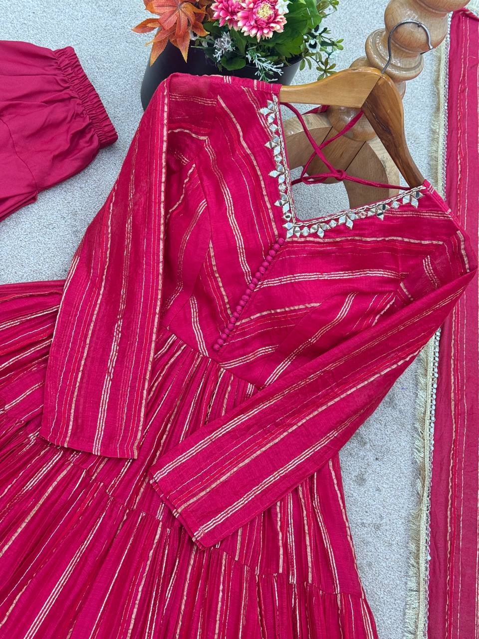 Prazu Fashion Pink Mal Chanderi Silk Real Mirror With Hand Work Anarkali Suit