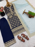 Thumbnail for Prazu Fashion Blue Georgette Chain Stitch Embroidered Sequins Beads Work Salwar Suit