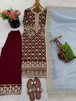Thumbnail for Prazu Fashion Maroon Georgette Chain Stitch Embroidered Sequins Beads Work Salwar Suit