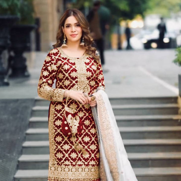 Prazu Fashion Maroon Georgette Chain Stitch Embroidered Sequins Beads Work Salwar Suit