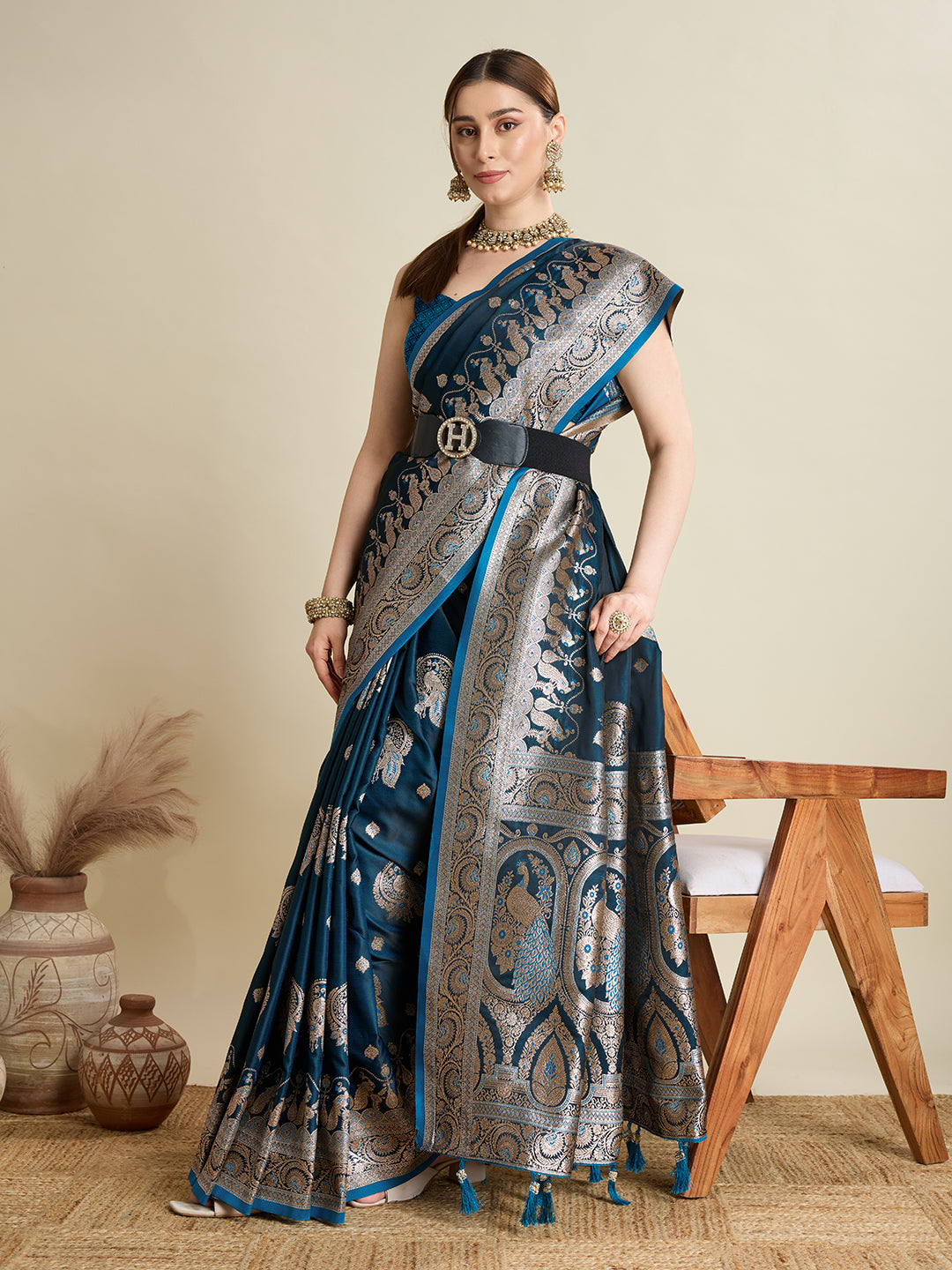 Dwija Fashion Deep Teal Blue Wedding Wear Satin Jari Motifs All Over Pallu And Saree With Unstitched Blouse - Dista
