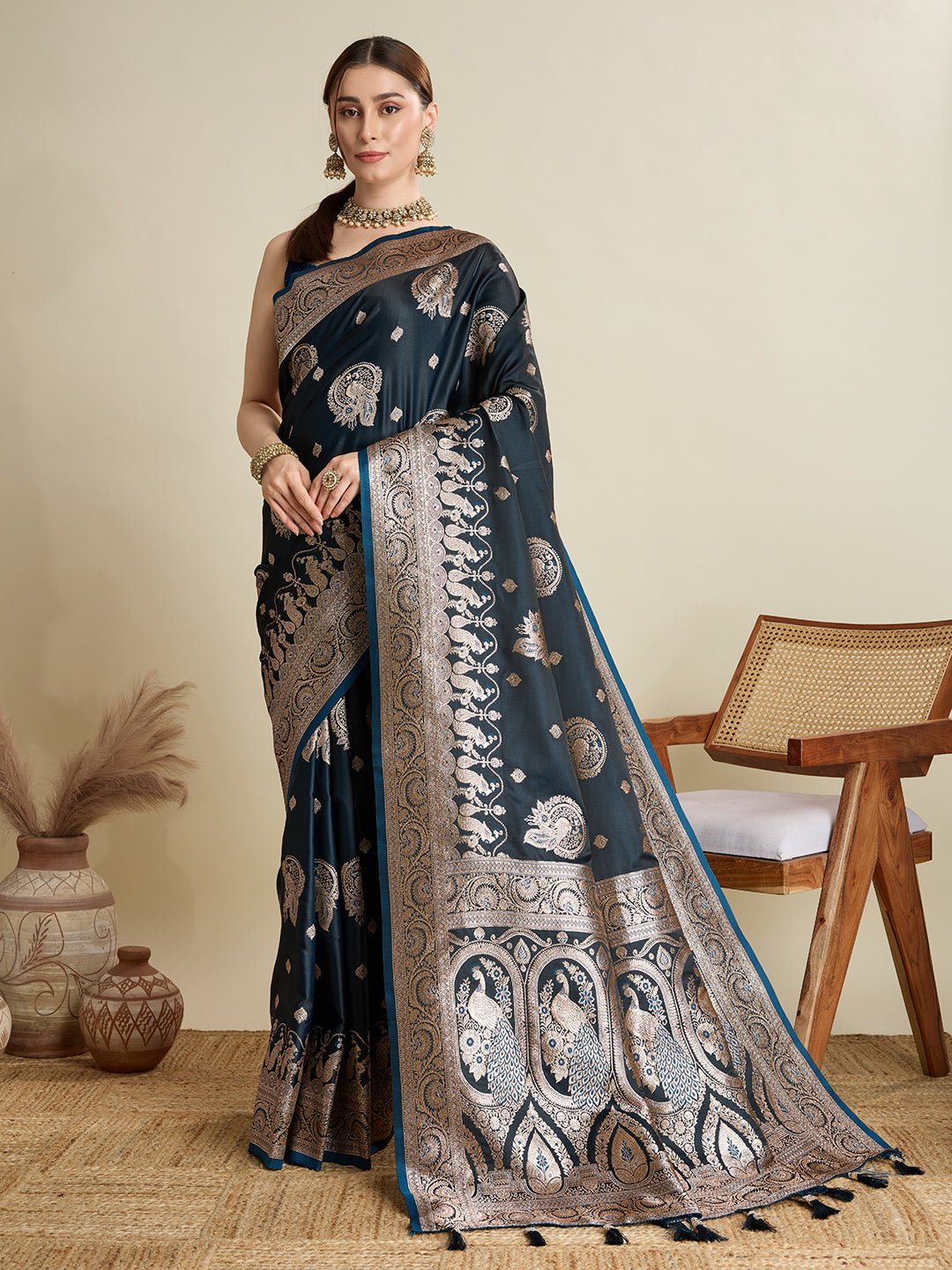 Dwija Fashion Deep Blue Wedding Wear Satin Jari Motifs All Over Pallu And Saree With Unstitched Blouse - Dista