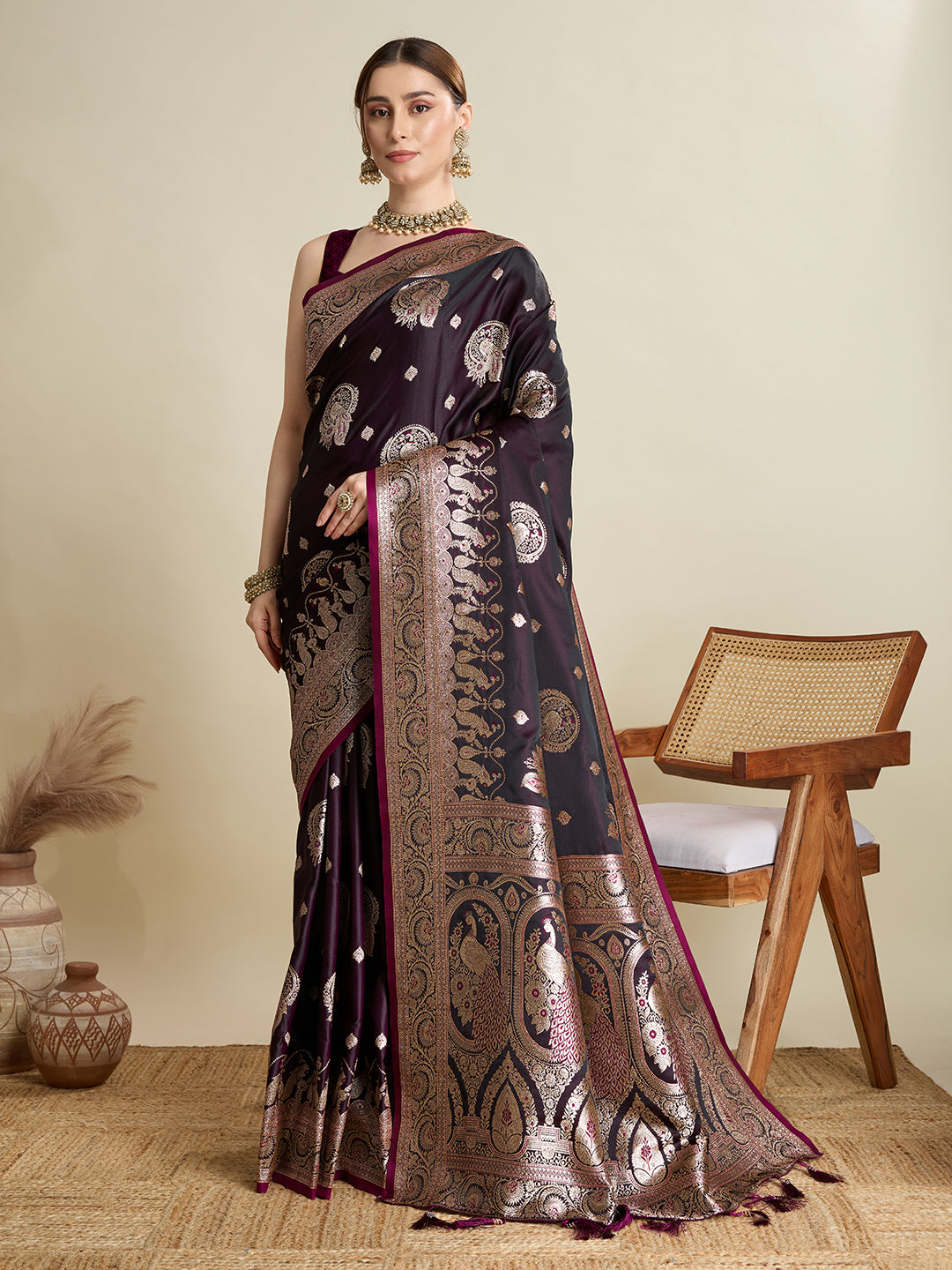 Dwija Fashion Deep Wine Wedding Wear Satin Jari Motifs All Over Pallu And Saree With Unstitched Blouse - Dista