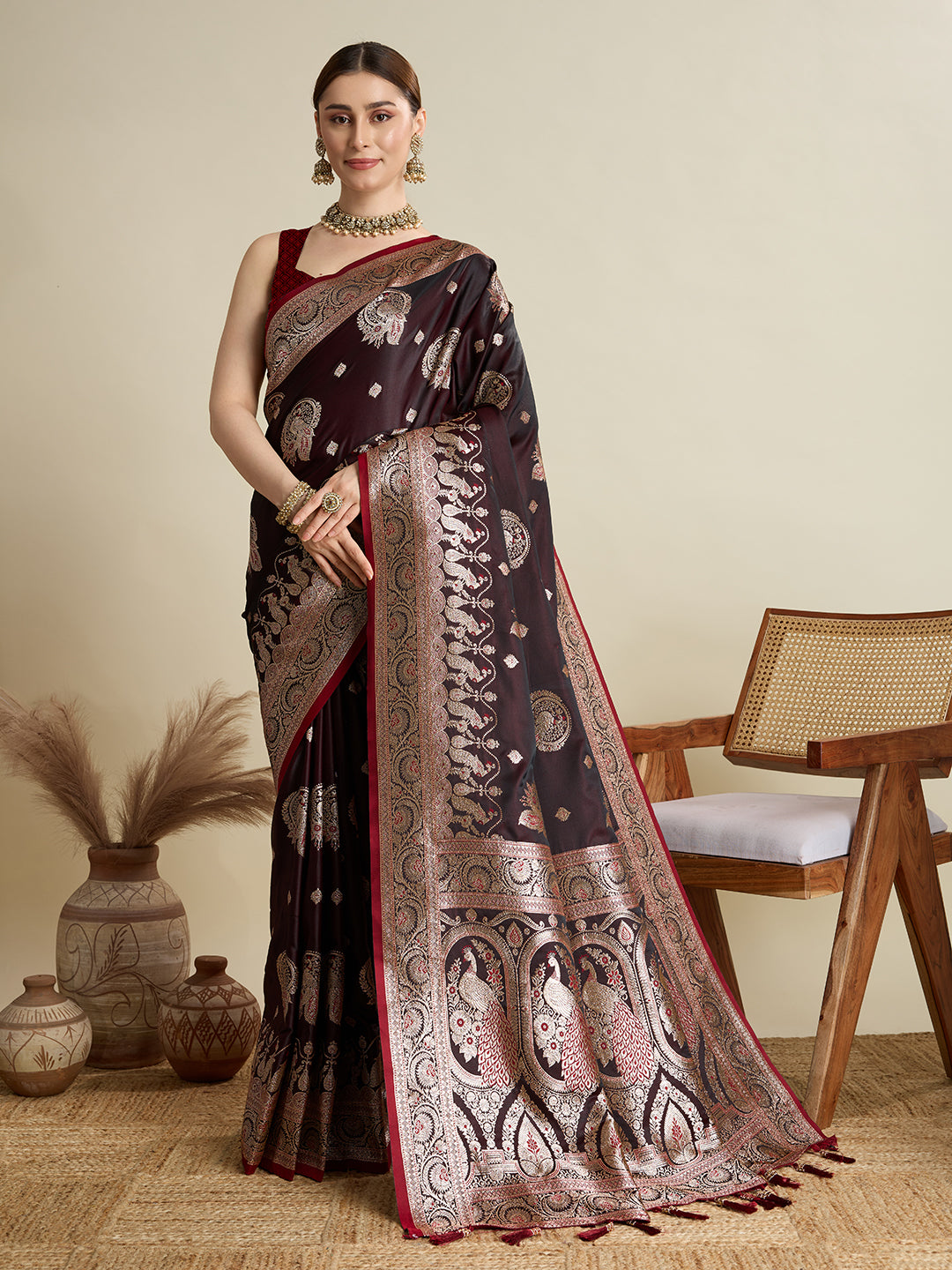 Dwija Fashion Deep Maroon Wedding Wear Satin Jari Motifs All Over Pallu And Saree With Unstitched Blouse - Dista