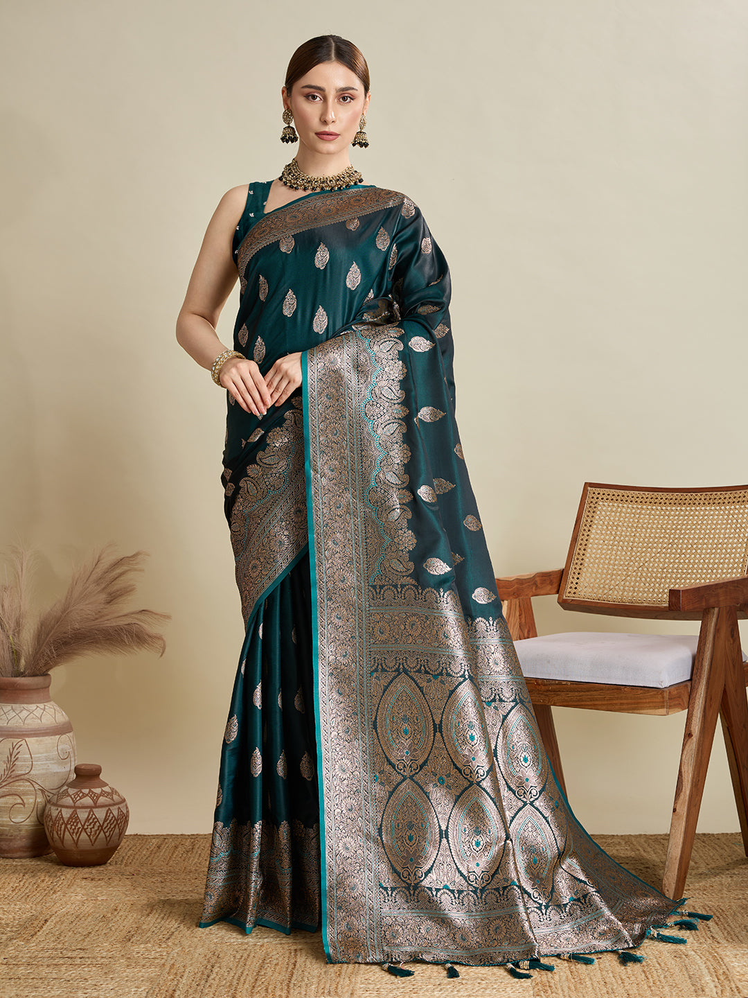 Dwija Fashion Teal Green Wedding Wear Satin Jari Motifs All Over Pallu And Saree With Unstitched Blouse - Dista
