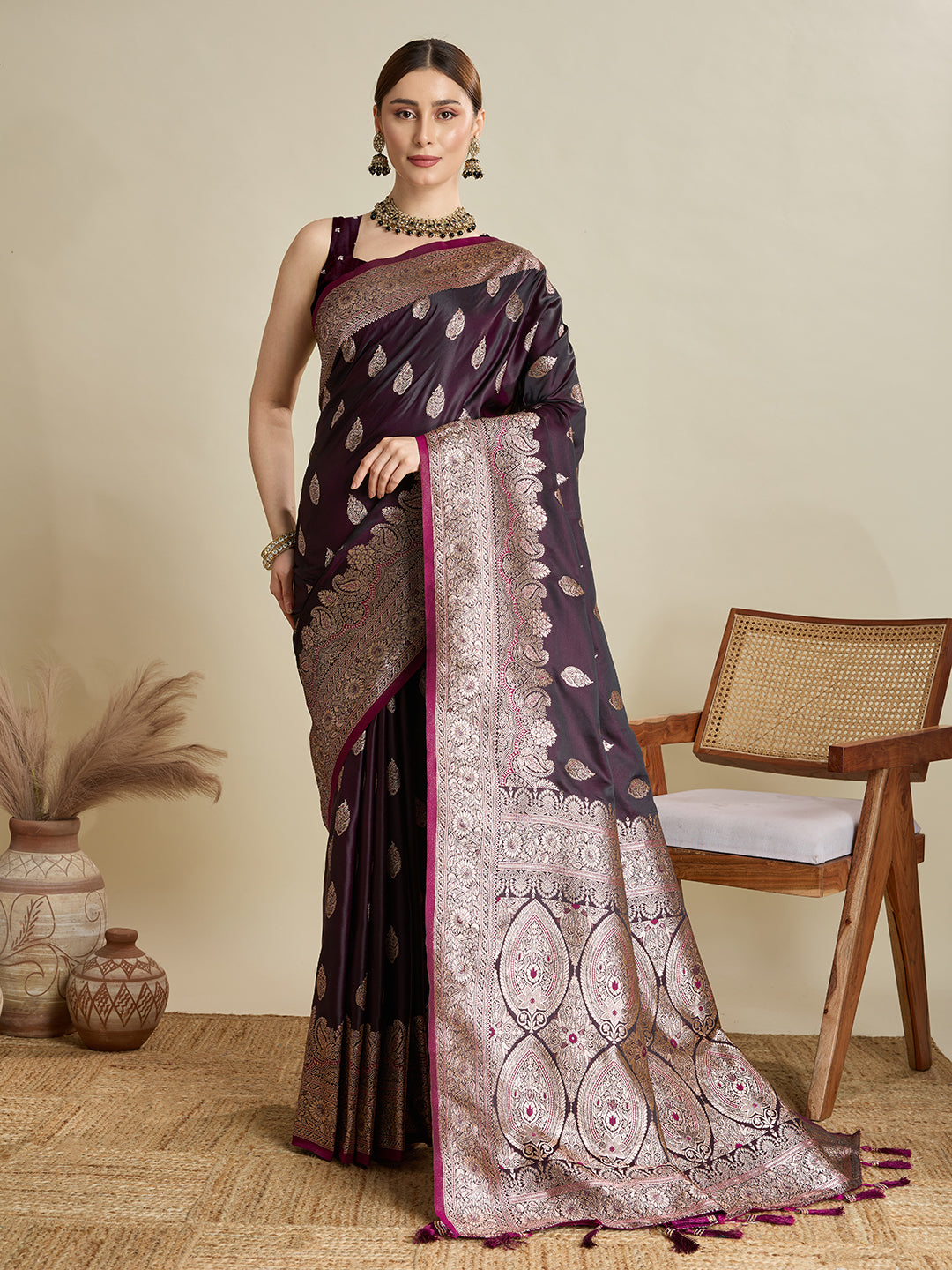 Dwija Fashion Deep Maroon Wedding Wear Satin Jari Motifs All Over Pallu And Saree With Unstitched Blouse - Dista