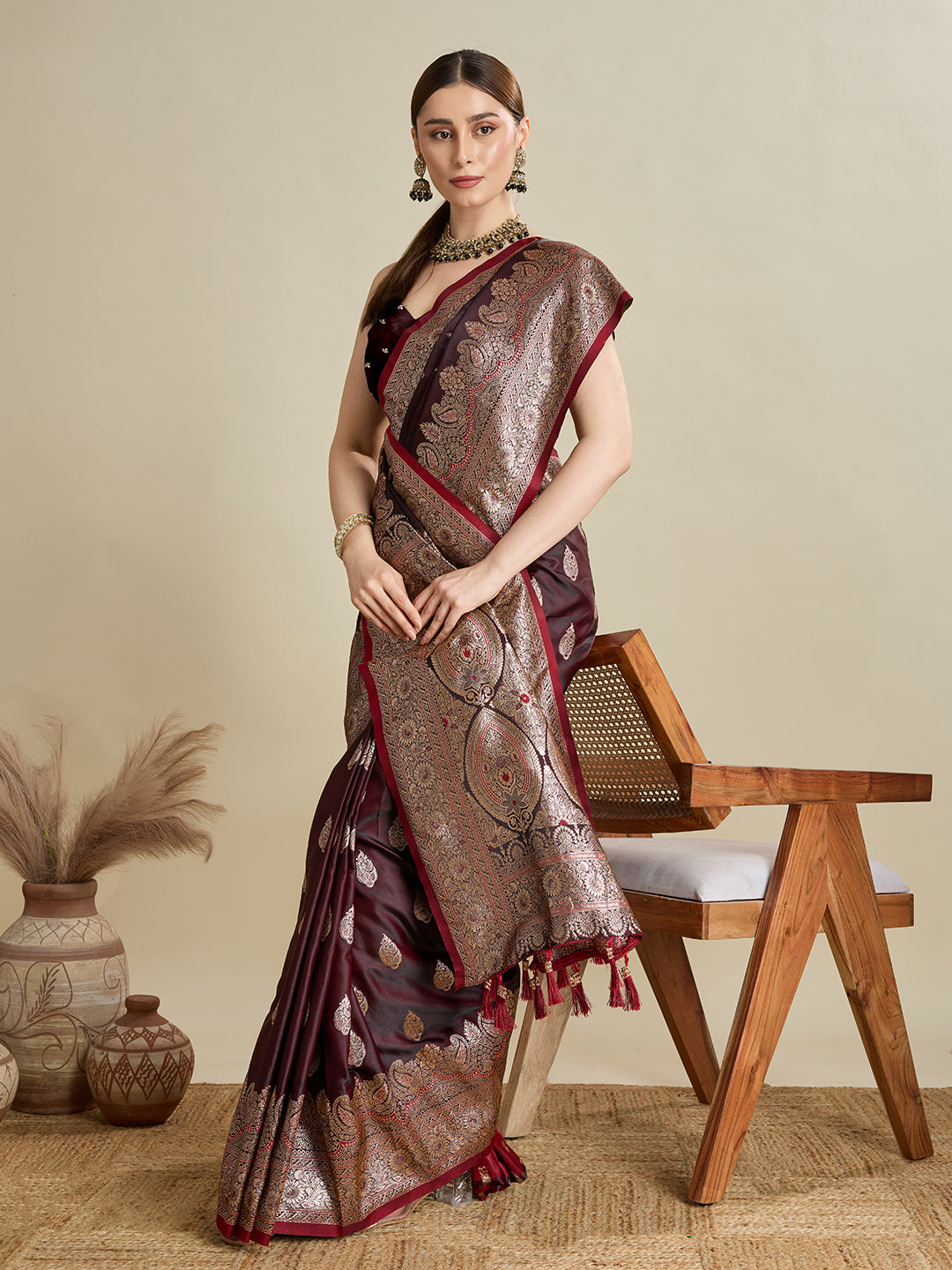 Dwija Fashion Chocolate Brown Wedding Wear Satin Jari Motifs All Over Pallu And Saree With Unstitched Blouse - Dista