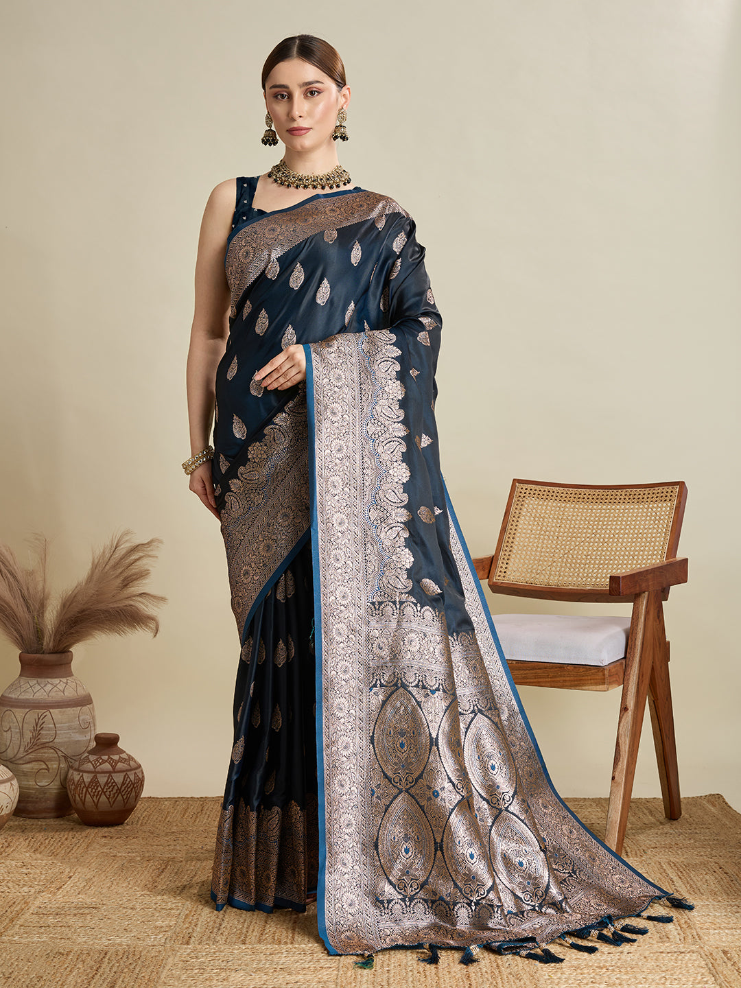 Dwija Fashion Deep Teal Blue Wedding Wear Satin Jari Motifs All Over Pallu And Saree With Unstitched Blouse - Dista