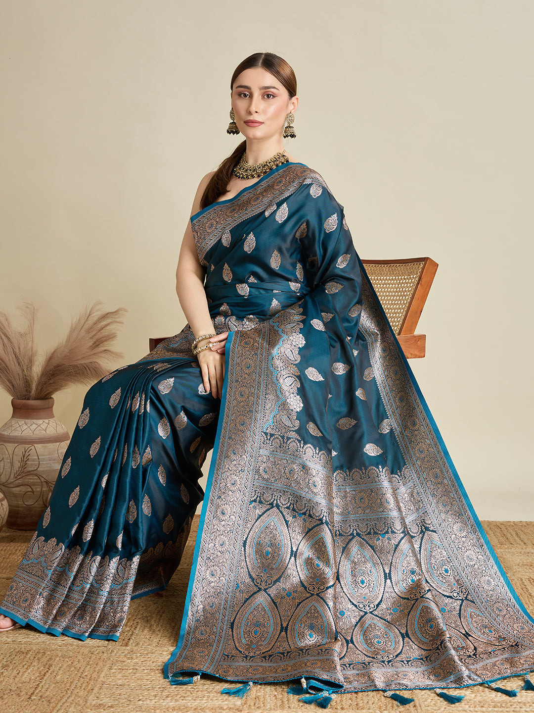Dwija Fashion Teal Blue Wedding Wear Satin Jari Motifs All Over Pallu And Saree With Unstitched Blouse - Dista
