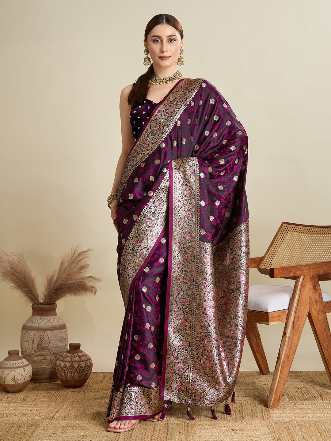 Dwija Fashion Magenta Wedding Wear Satin Jari Motifs All Over Pallu And Saree With Unstitched Blouse - Dista