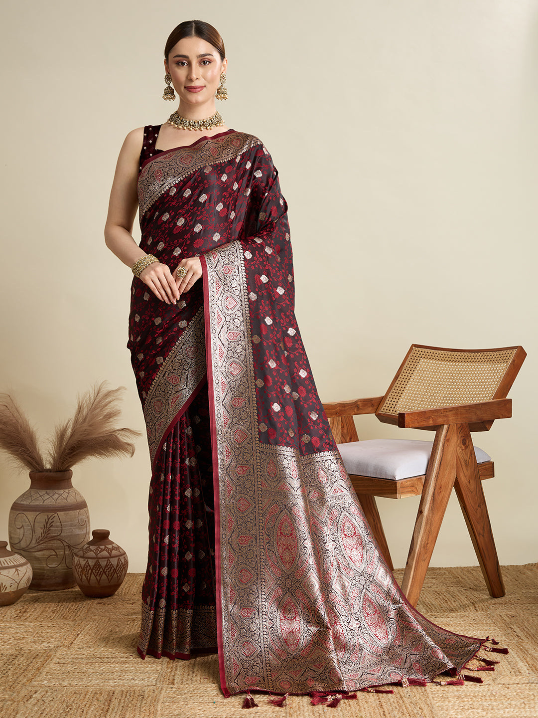 Dwija Fashion Deep Maroon Wedding Wear Satin Jari Motifs All Over Pallu And Saree With Unstitched Blouse - Dista