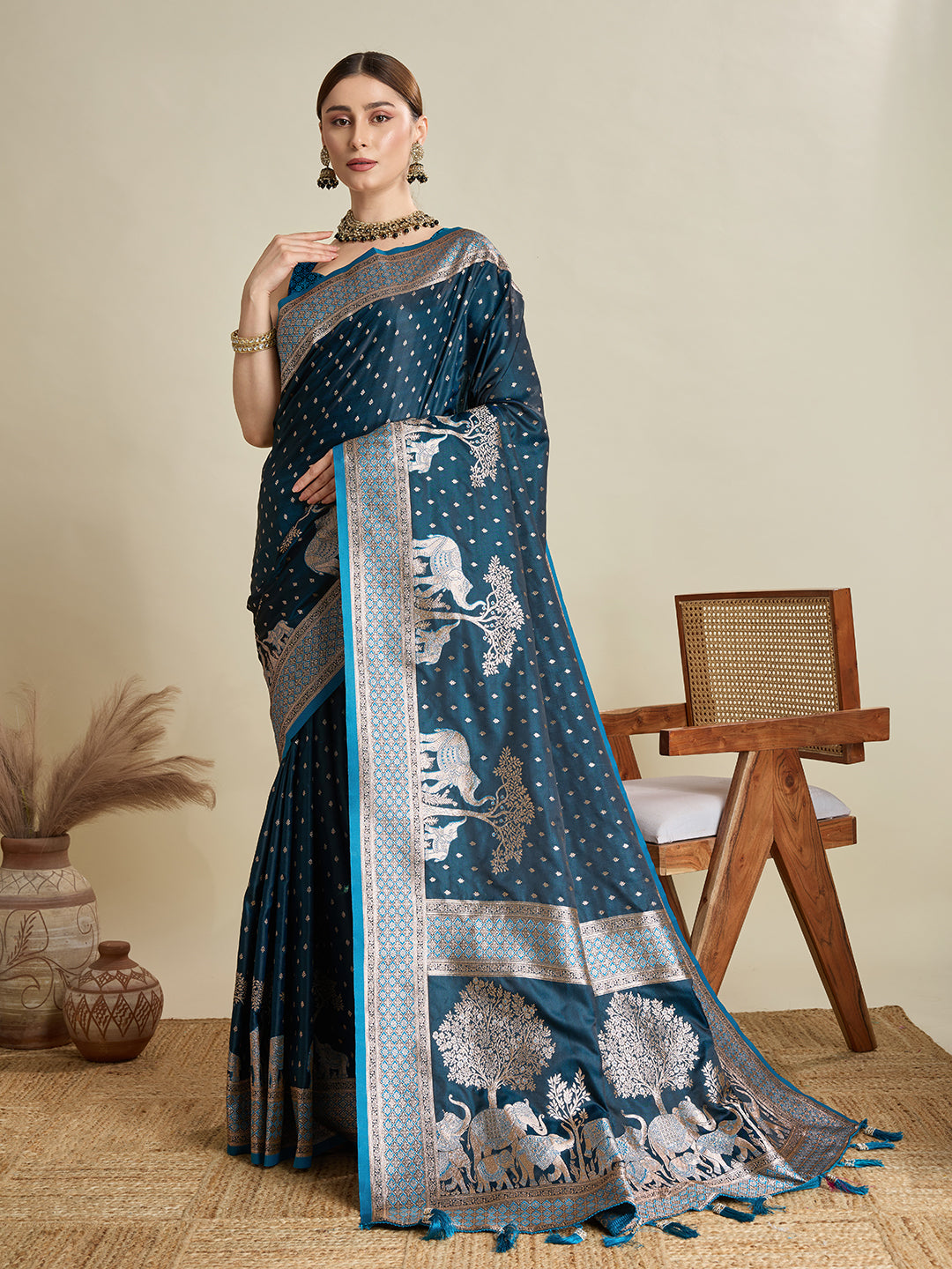 Dwija Fashion Teal Blue Wedding Wear Satin Jari Motifs All Over Pallu And Saree With Unstitched Blouse - Dista
