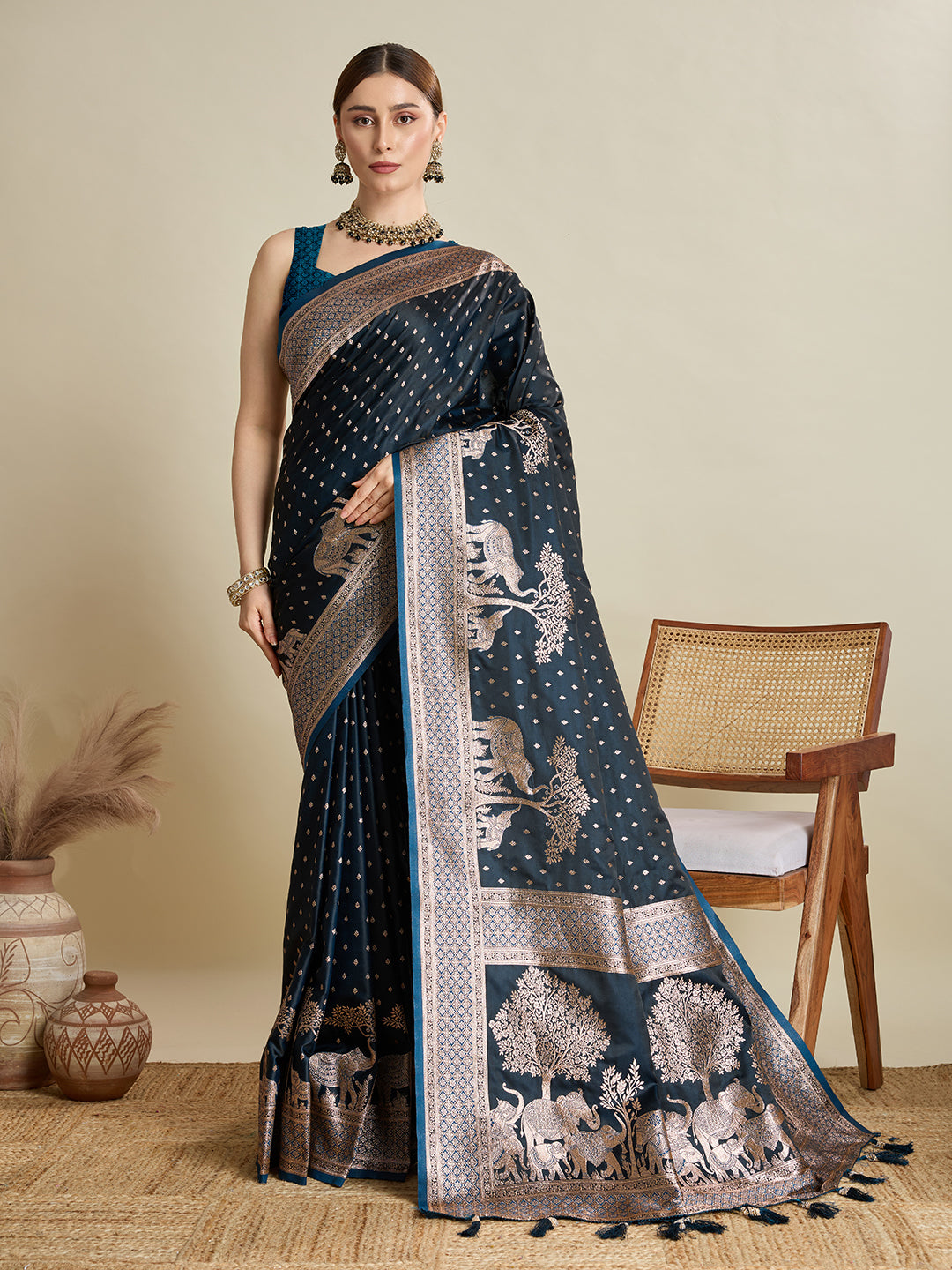 Dwija Fashion Deep Teal Green Wedding Wear Satin Jari Motifs All Over Pallu And Saree With Unstitched Blouse - Dista