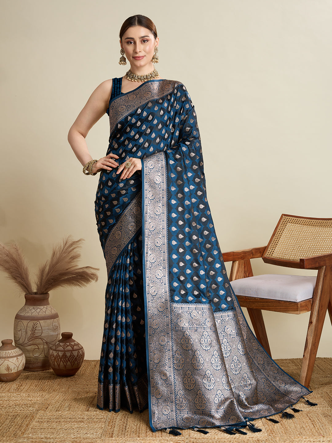 Dwija Fashion Teal Blue Wedding Wear Satin Jari Motifs All Over Pallu And Saree With Unstitched Blouse - Dista