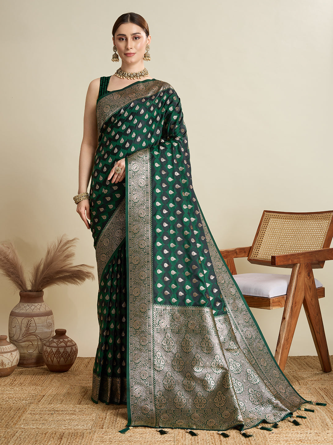 Dwija Fashion Deep Green Wedding Wear Satin Jari Motifs All Over Pallu And Saree With Unstitched Blouse - Dista