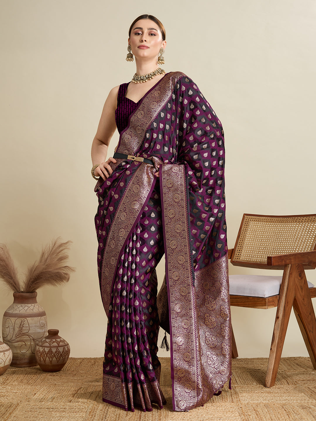 Dwija Fashion Dark Purple Wedding Wear Satin Jari Motifs All Over Pallu And Saree With Unstitched Blouse - Dista