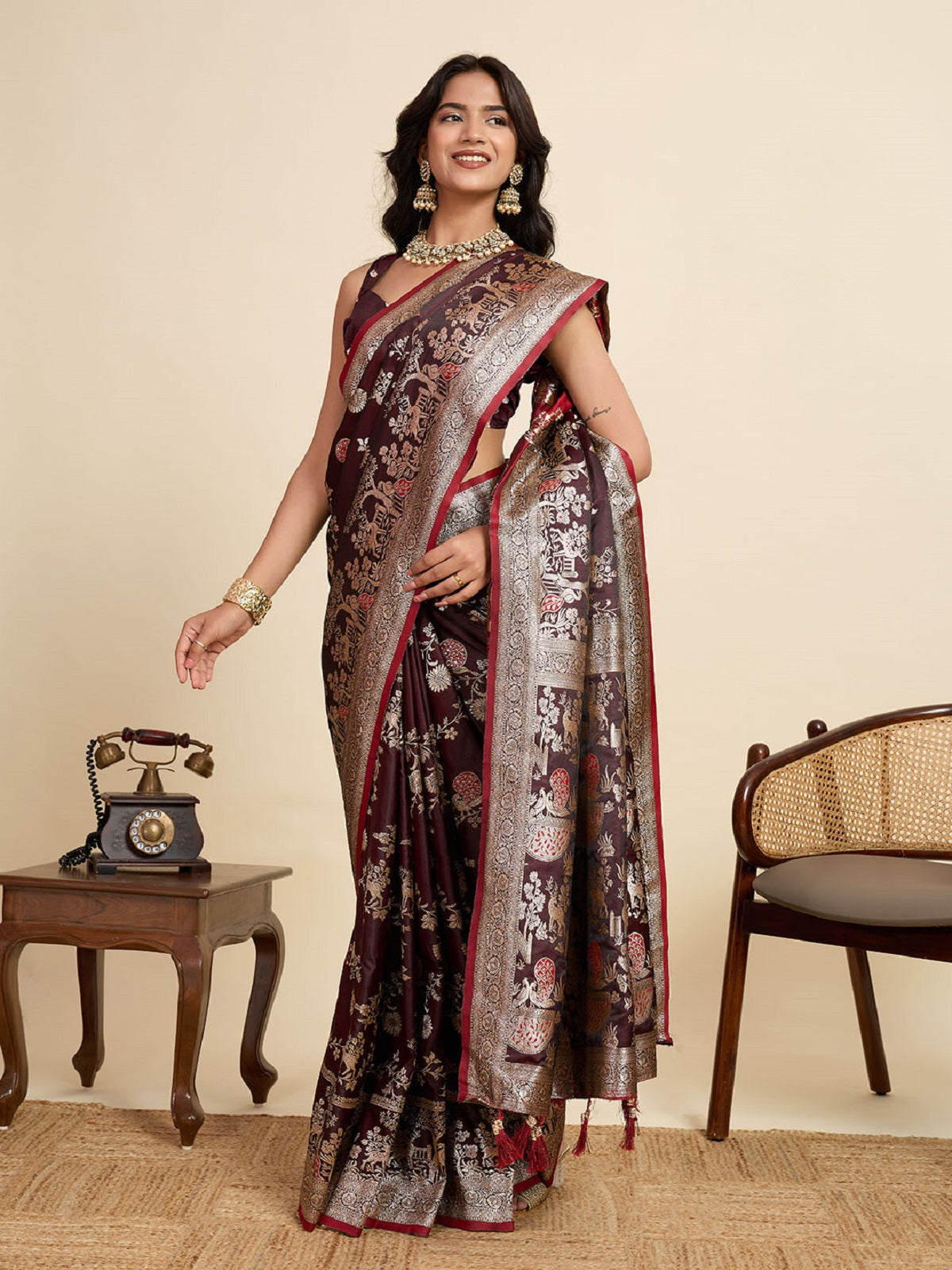 Dwija Fashion Deep Maroon Wedding Wear Satin Jari Motifs All Over Pallu And Saree With Unstitched Blouse - Dista