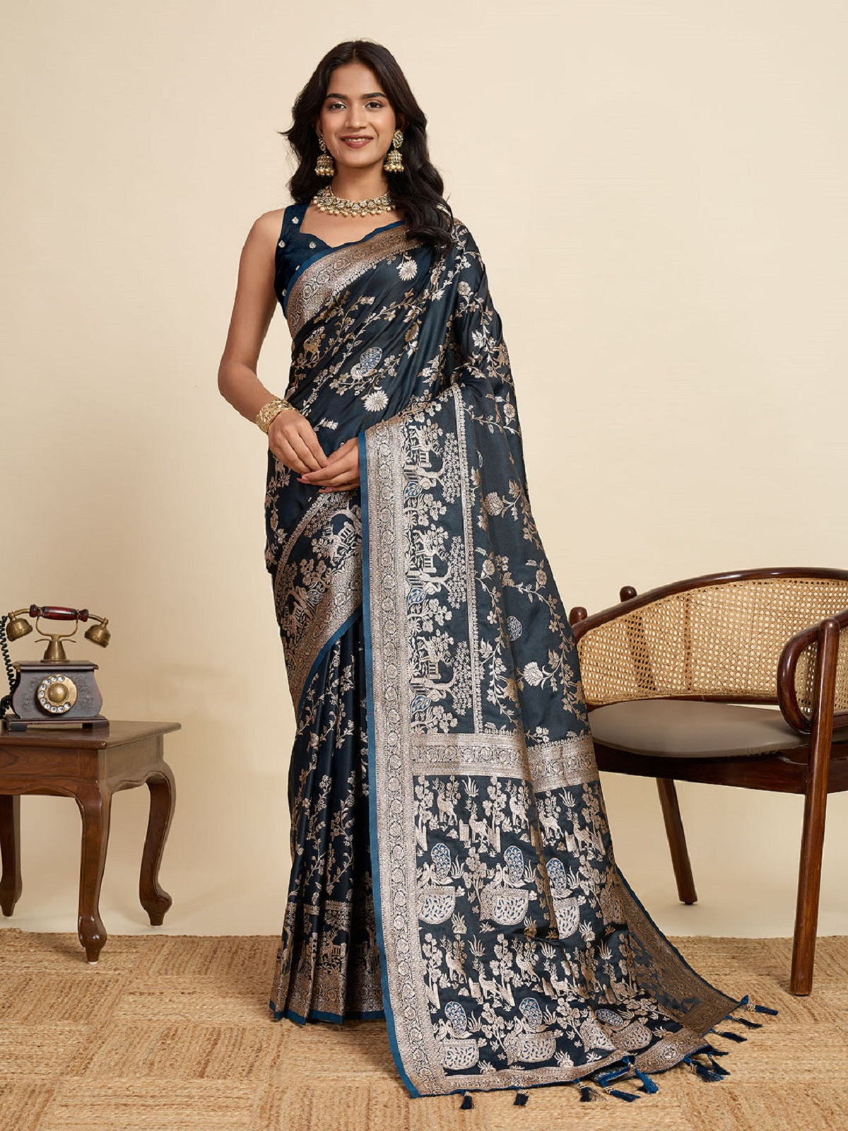 Dwija Fashion Teal Blue Wedding Wear Satin Jari Motifs All Over Pallu And Saree With Unstitched Blouse - Dista