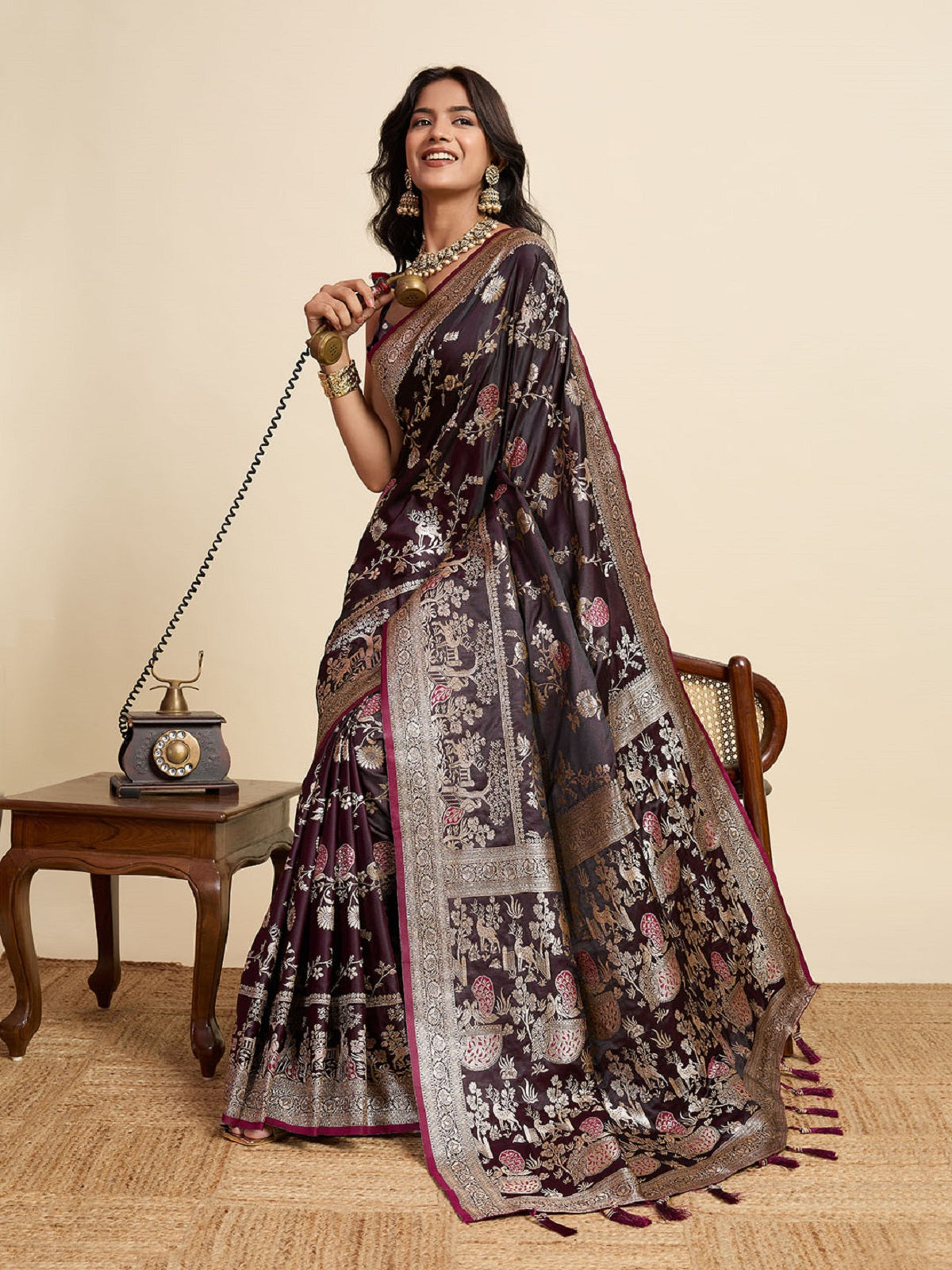Dwija Fashion Deep Maroon Wedding Wear Satin Jari Motifs All Over Pallu And Saree With Unstitched Blouse - Dista